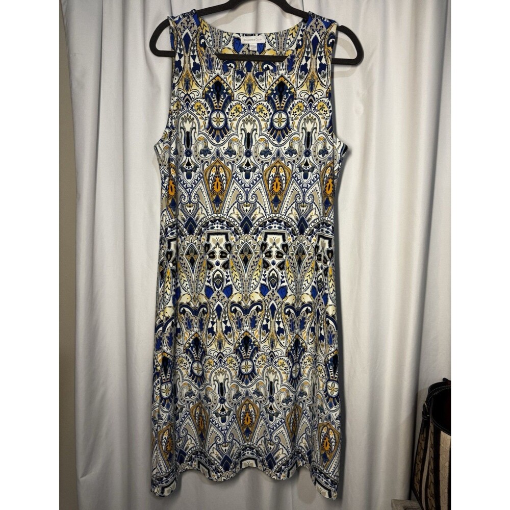 Charter Club Women's XL Blue/White/Yellow Paisley Sleeveless Shift Knee Dress